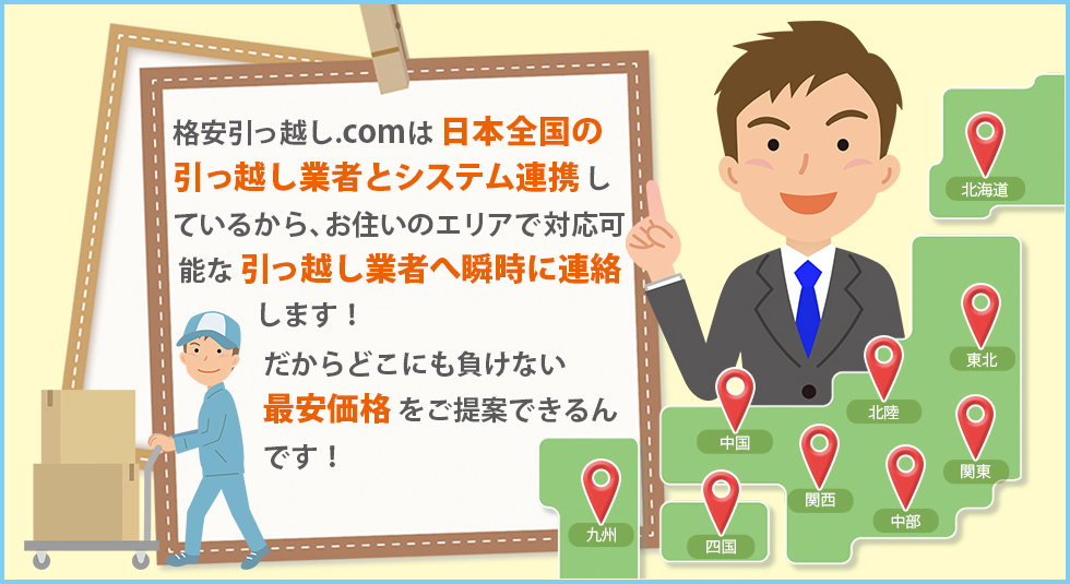 格安引っ越し.comは日本全国の引っ越し業者とシステム連携しているから、お住いのエリアで対応可能な引っ越し業者へ瞬時に連絡します！だからどこにも負けない最安価格をご提案できるんです！